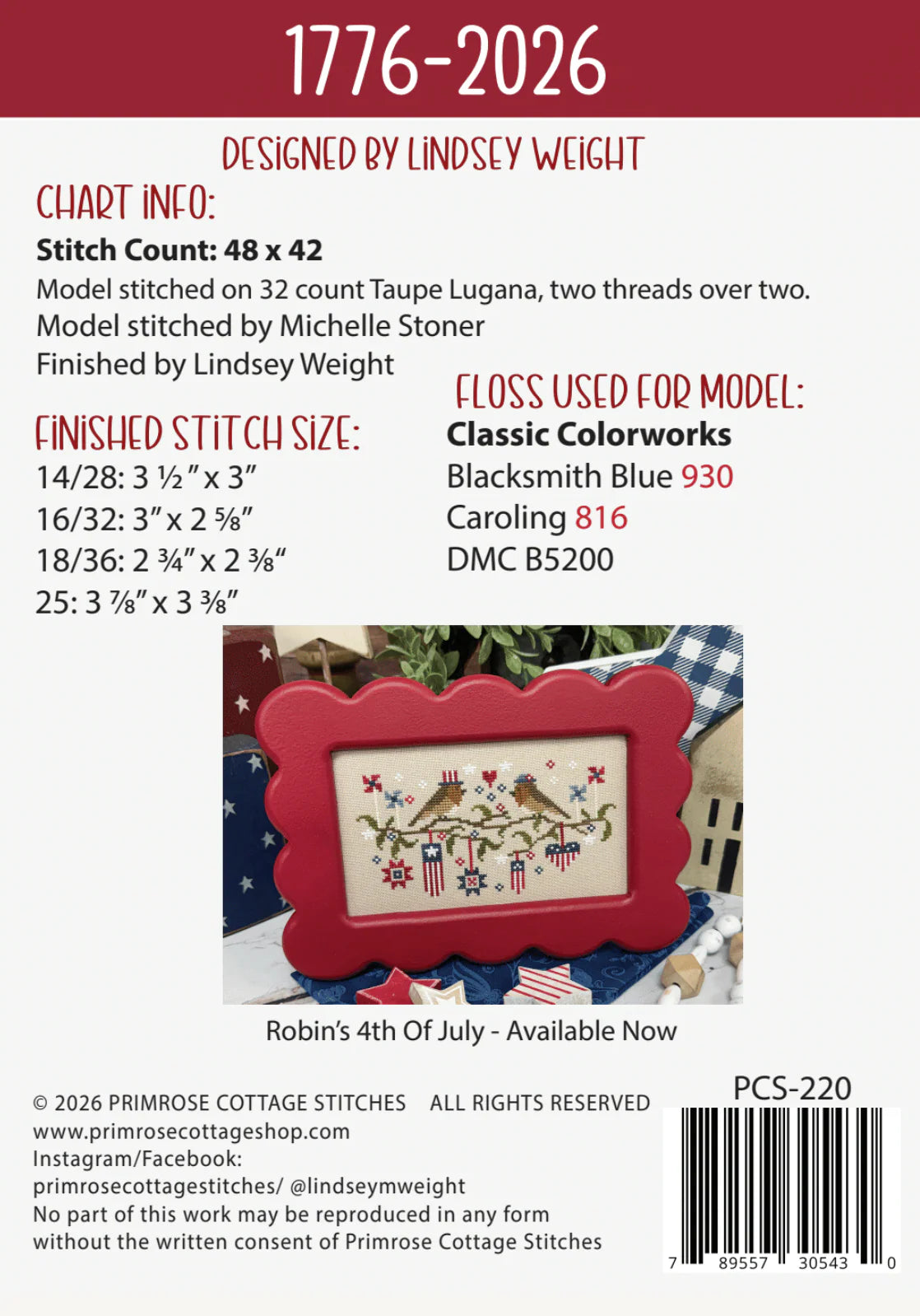 1776-2026 Cross Stitch - Primrose Cottage