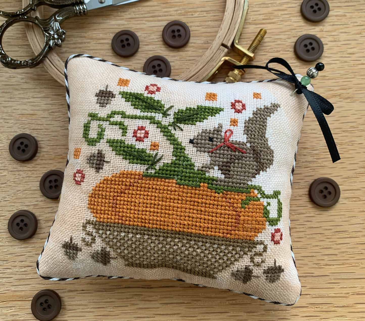 Pumpkin Basket Pinkeep - Stitches by Ethel